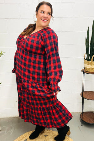 All I Want Red Plaid Elastic V Neck Tiered Maxi Dress - Coeur de la Mode