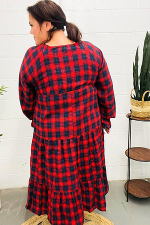 All I Want Red Plaid Elastic V Neck Tiered Maxi Dress - Coeur de la Mode