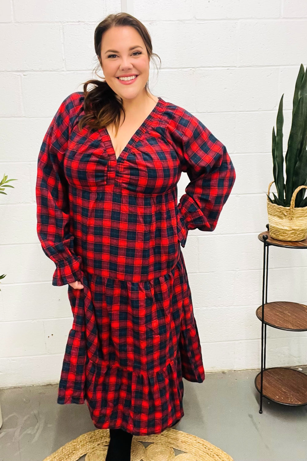 All I Want Red Plaid Elastic V Neck Tiered Maxi Dress - Coeur de la Mode