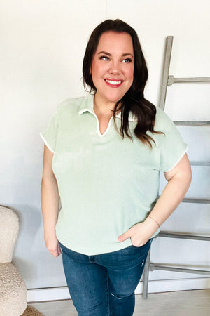 Weekend Ready Sage Collar Notch Neck Waffle Knit Top - Coeur de la Mode