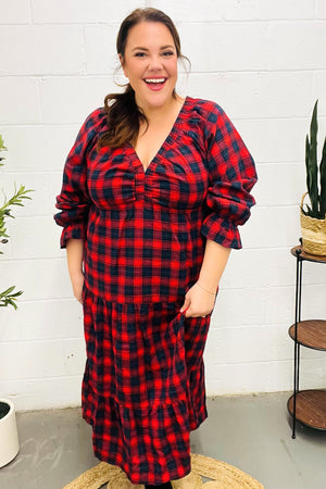 All I Want Red Plaid Elastic V Neck Tiered Maxi Dress - Coeur de la Mode
