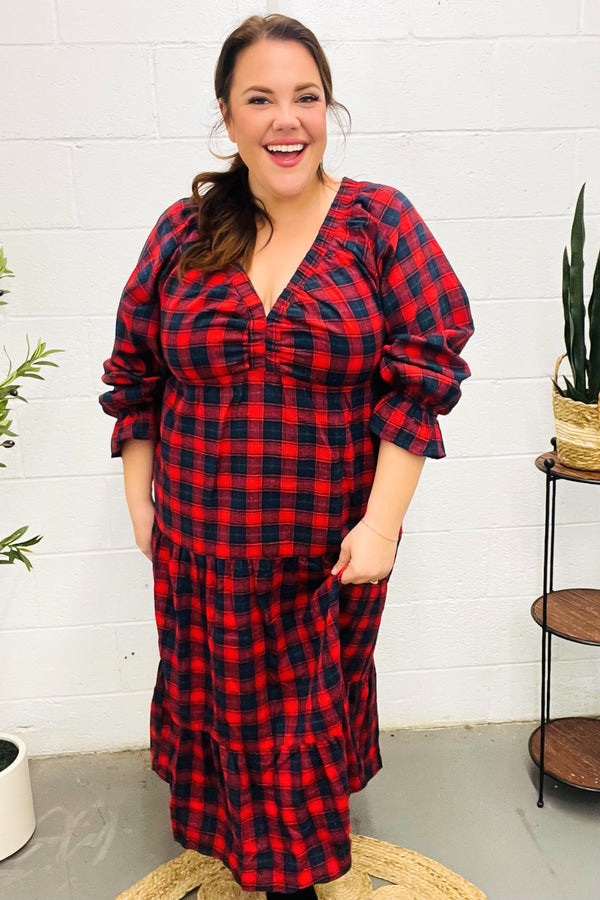 All I Want Red Plaid Elastic V Neck Tiered Maxi Dress - Coeur de la Mode