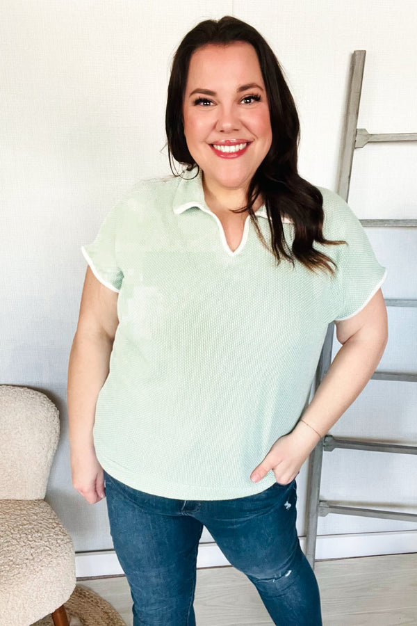 Weekend Ready Sage Collar Notch Neck Waffle Knit Top - Coeur de la Mode