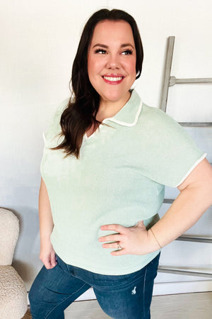 Weekend Ready Sage Collar Notch Neck Waffle Knit Top - Coeur de la Mode