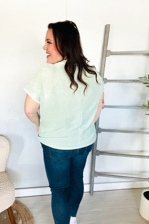 Weekend Ready Sage Collar Notch Neck Waffle Knit Top - Coeur de la Mode