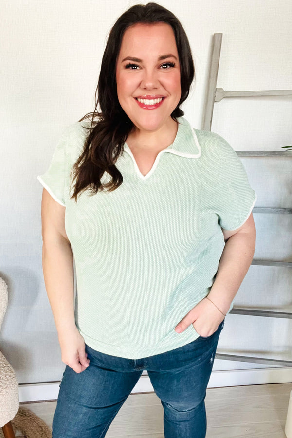 Weekend Ready Sage Collar Notch Neck Waffle Knit Top - Coeur de la Mode
