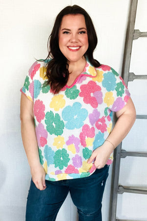 Spring Vibes Multicolor Floral Collar Notch Neck Waffle Knit Top - Coeur de la Mode