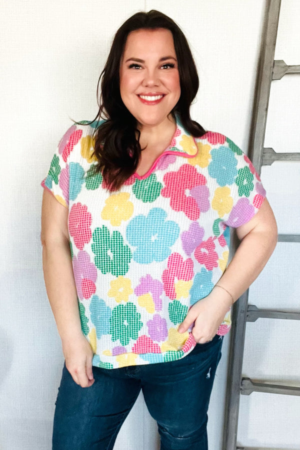 Spring Vibes Multicolor Floral Collar Notch Neck Waffle Knit Top - Coeur de la Mode