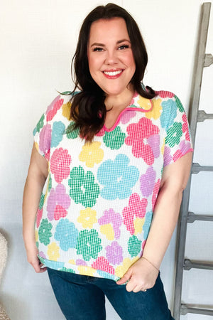 Spring Vibes Multicolor Floral Collar Notch Neck Waffle Knit Top - Coeur de la Mode