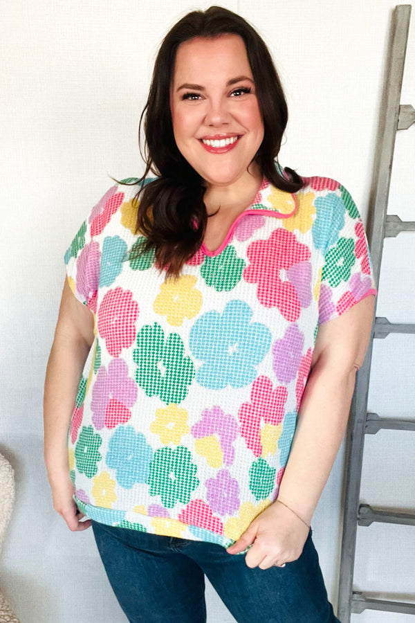 Spring Vibes Multicolor Floral Collar Notch Neck Waffle Knit Top - Coeur de la Mode