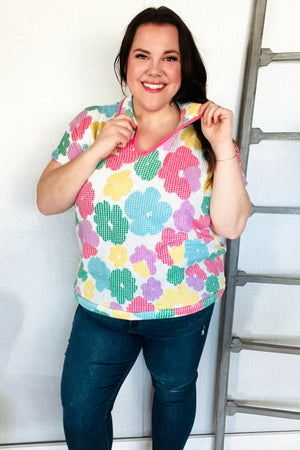 Spring Vibes Multicolor Floral Collar Notch Neck Waffle Knit Top - Coeur de la Mode