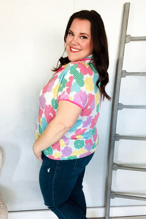 Spring Vibes Multicolor Floral Collar Notch Neck Waffle Knit Top - Coeur de la Mode