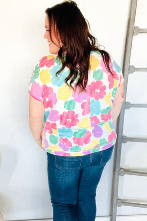 Spring Vibes Multicolor Floral Collar Notch Neck Waffle Knit Top - Coeur de la Mode