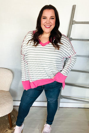 Weekend Ready Heather Grey Stripe Hi-Lo Out Seam Stitch Pullover - Coeur de la Mode