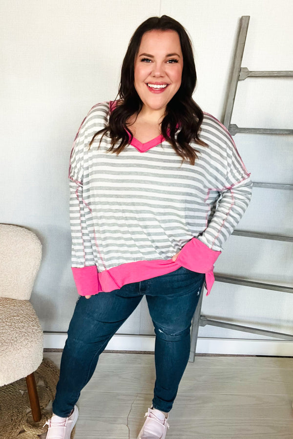 Weekend Ready Heather Grey Stripe Hi-Lo Out Seam Stitch Pullover - Coeur de la Mode