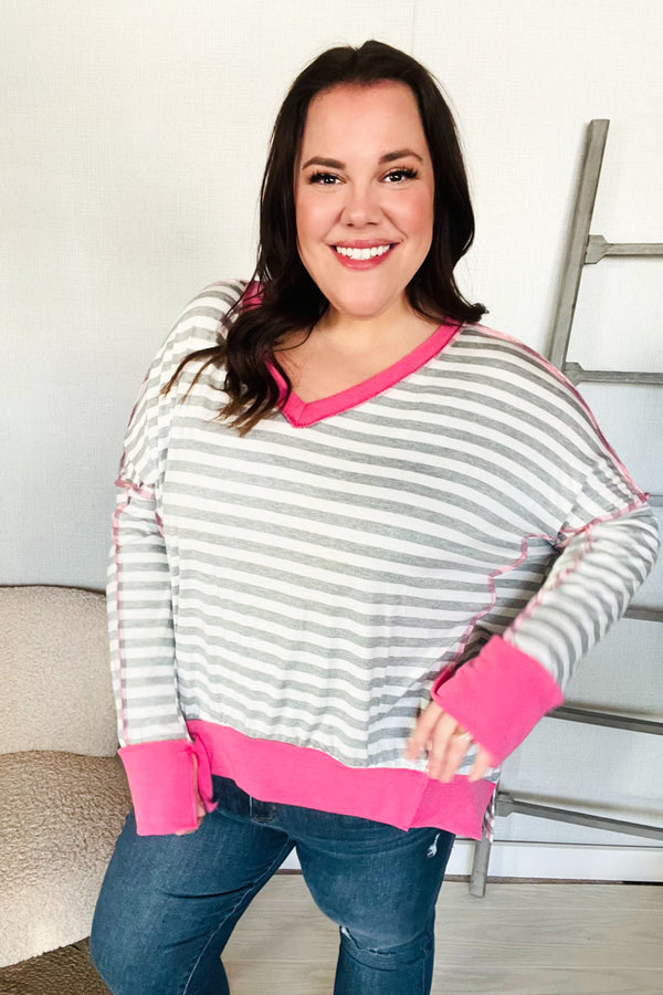Weekend Ready Heather Grey Stripe Hi-Lo Out Seam Stitch Pullover - Coeur de la Mode