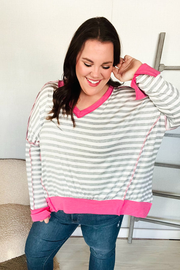 Weekend Ready Heather Grey Stripe Hi-Lo Out Seam Stitch Pullover - Coeur de la Mode