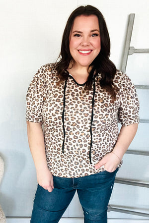 Everyday Animal Print Collar Notch Front Tie Knit Top - Coeur de la Mode