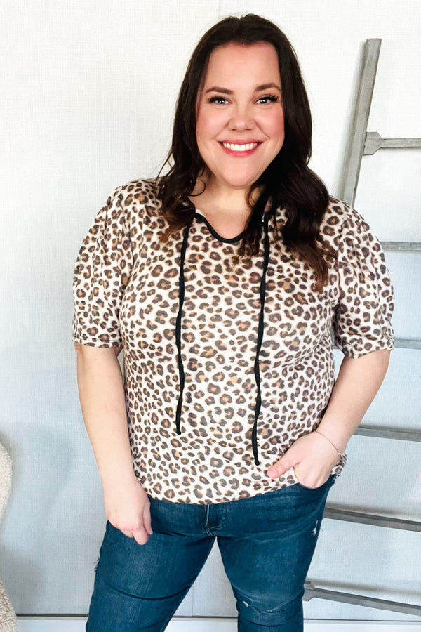 Everyday Animal Print Collar Notch Front Tie Knit Top - Coeur de la Mode