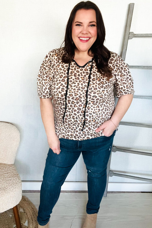Everyday Animal Print Collar Notch Front Tie Knit Top - Coeur de la Mode