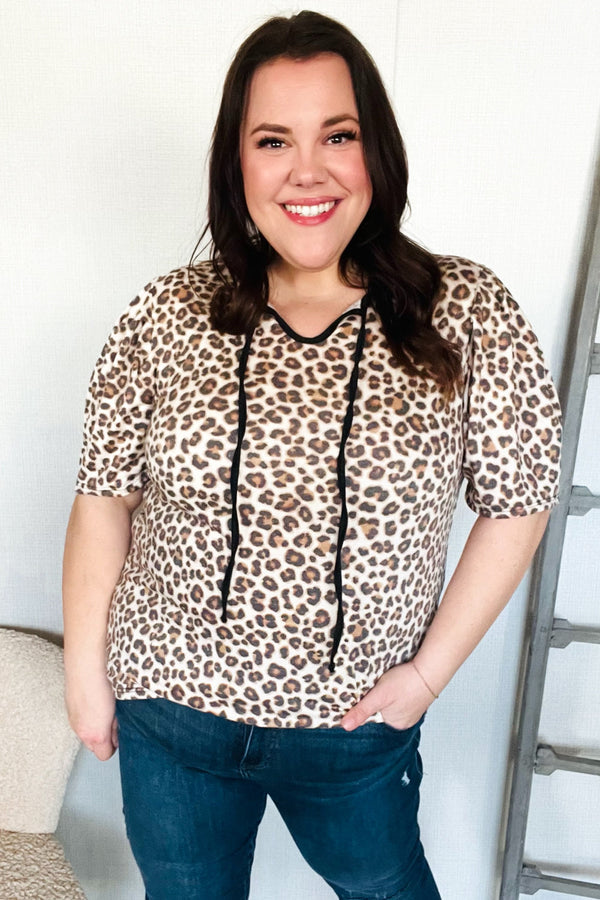 Everyday Animal Print Collar Notch Front Tie Knit Top - Coeur de la Mode