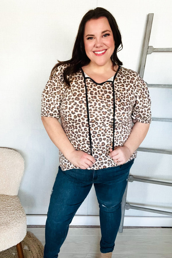 Everyday Animal Print Collar Notch Front Tie Knit Top - Coeur de la Mode