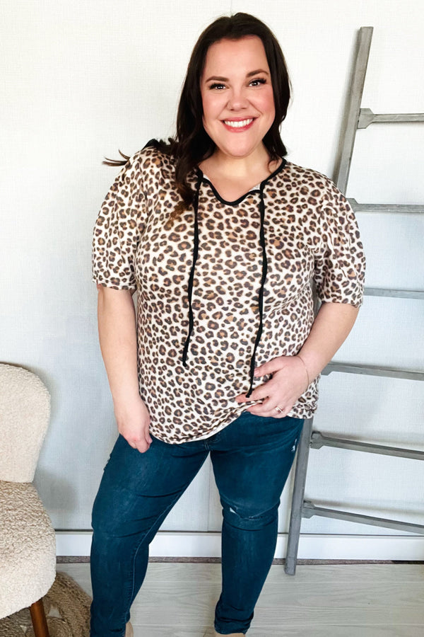 Everyday Animal Print Collar Notch Front Tie Knit Top - Coeur de la Mode