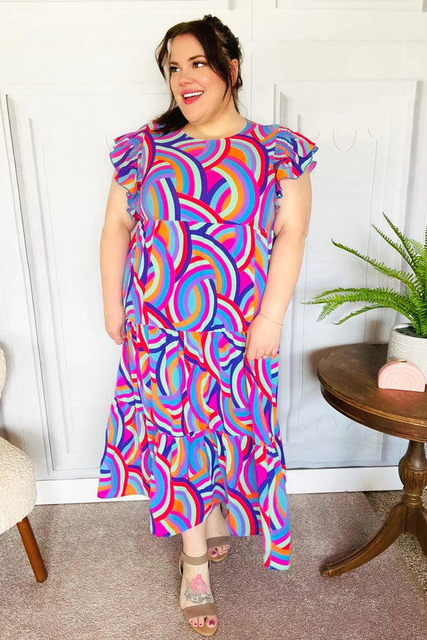 Feel Your Best Purple Abstract Print Smocked Ruffle Sleeve Maxi Dress - Coeur de la Mode