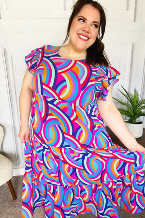 Feel Your Best Purple Abstract Print Smocked Ruffle Sleeve Maxi Dress - Coeur de la Mode