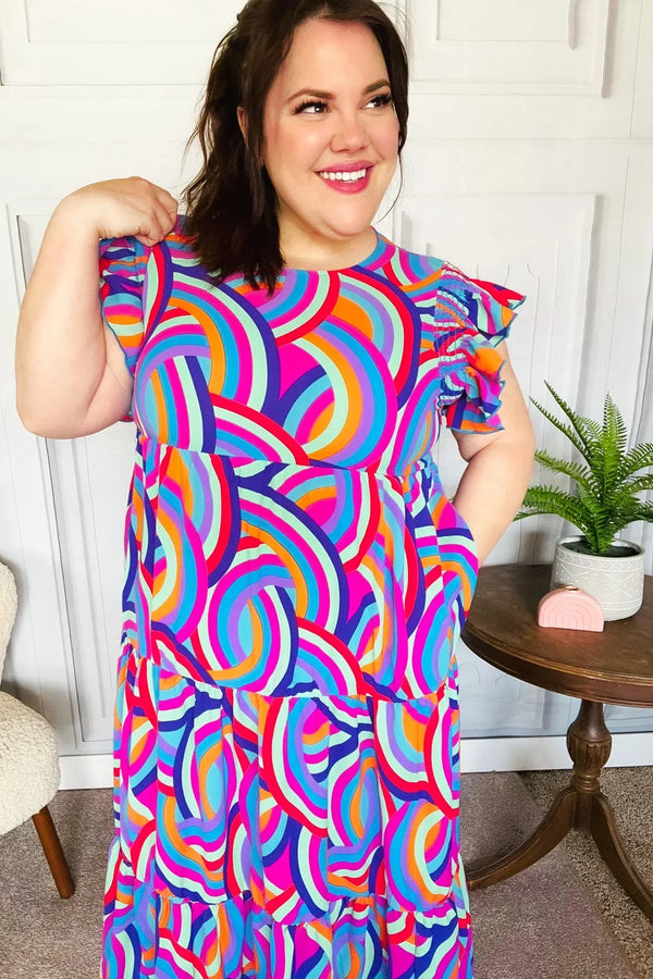 Feel Your Best Purple Abstract Print Smocked Ruffle Sleeve Maxi Dress - Coeur de la Mode