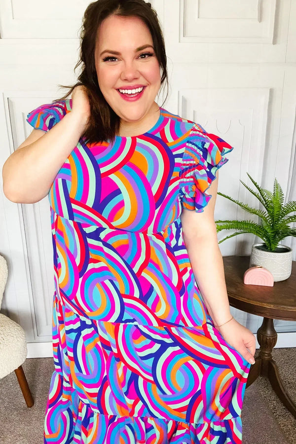 Feel Your Best Purple Abstract Print Smocked Ruffle Sleeve Maxi Dress - Coeur de la Mode