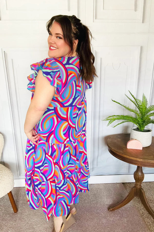 Feel Your Best Purple Abstract Print Smocked Ruffle Sleeve Maxi Dress - Coeur de la Mode