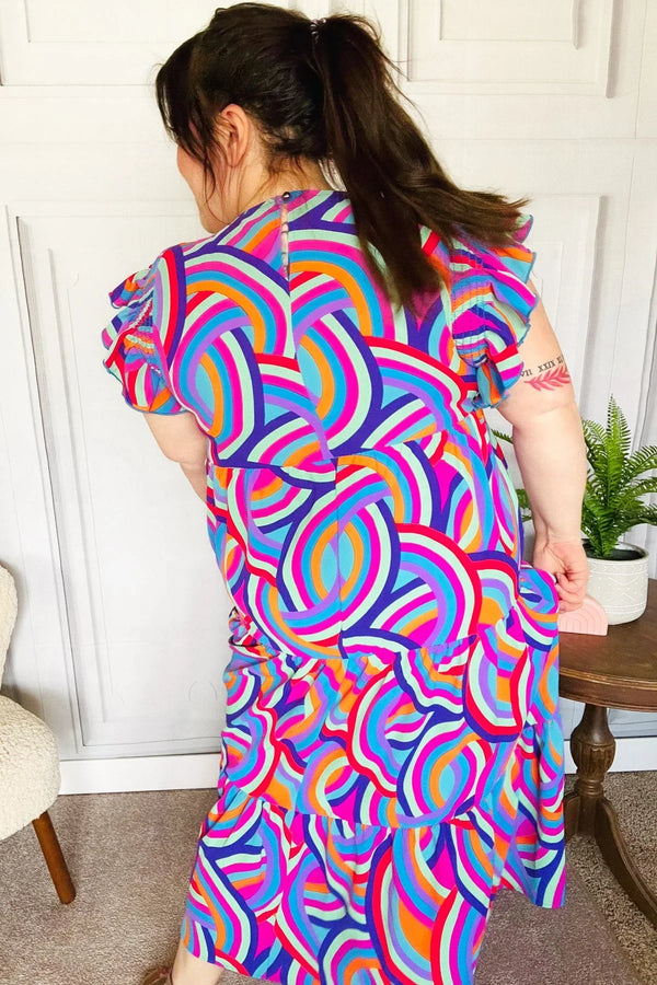 Feel Your Best Purple Abstract Print Smocked Ruffle Sleeve Maxi Dress - Coeur de la Mode