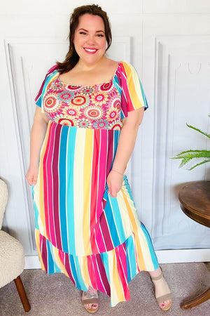 Feeling Bold Fuchsia & Teal Striped Medallion Crochet Print Dress - Coeur de la Mode