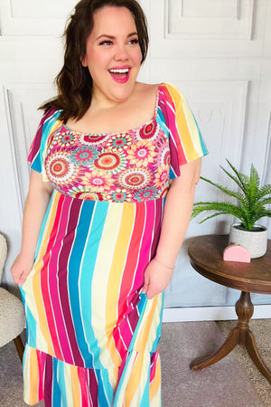 Feeling Bold Fuchsia & Teal Striped Medallion Crochet Print Dress - Coeur de la Mode