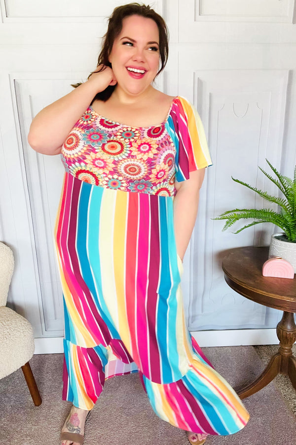 Feeling Bold Fuchsia & Teal Striped Medallion Crochet Print Dress - Coeur de la Mode