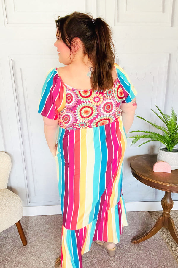 Feeling Bold Fuchsia & Teal Striped Medallion Crochet Print Dress - Coeur de la Mode