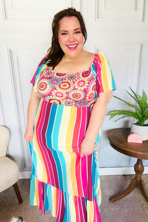 Feeling Bold Fuchsia & Teal Striped Medallion Crochet Print Dress - Coeur de la Mode