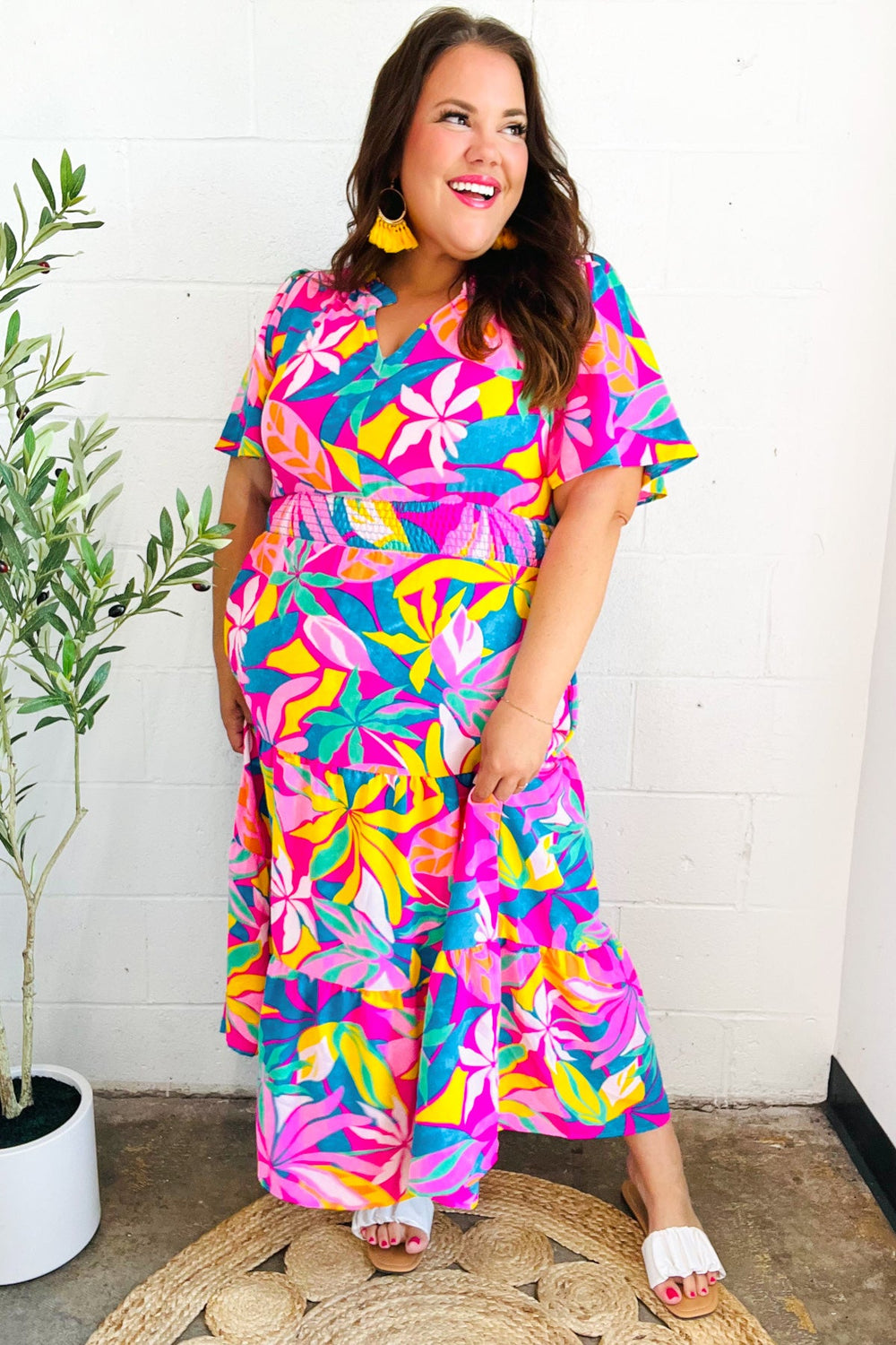 Tropical Trance Fuchsia Floral Smocked Waist Maxi Dress - Coeur de la Mode