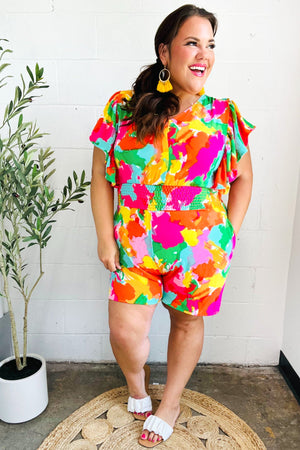 Under The Sun Abstract Floral Smocked Waist V Neck Flutter Sleeve Romper - Coeur de la Mode