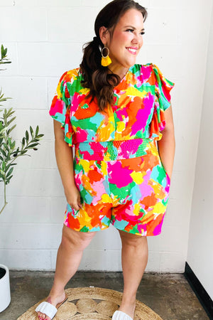 Under The Sun Abstract Floral Smocked Waist V Neck Flutter Sleeve Romper - Coeur de la Mode