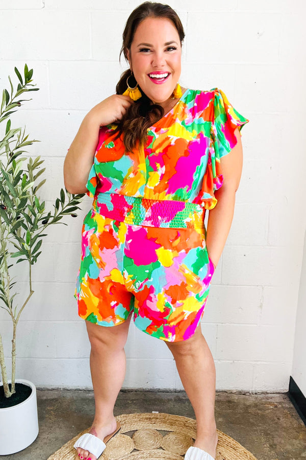Under The Sun Abstract Floral Smocked Waist V Neck Flutter Sleeve Romper - Coeur de la Mode