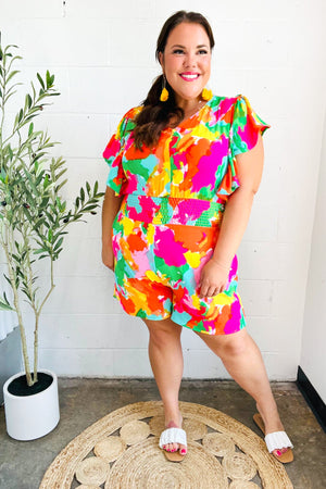 Under The Sun Abstract Floral Smocked Waist V Neck Flutter Sleeve Romper - Coeur de la Mode