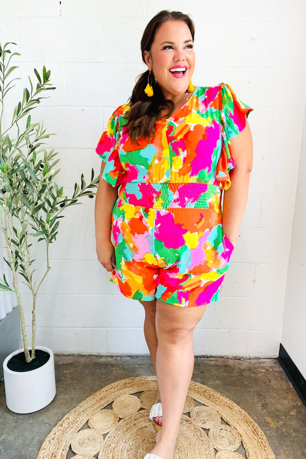 Under The Sun Abstract Floral Smocked Waist V Neck Flutter Sleeve Romper - Coeur de la Mode