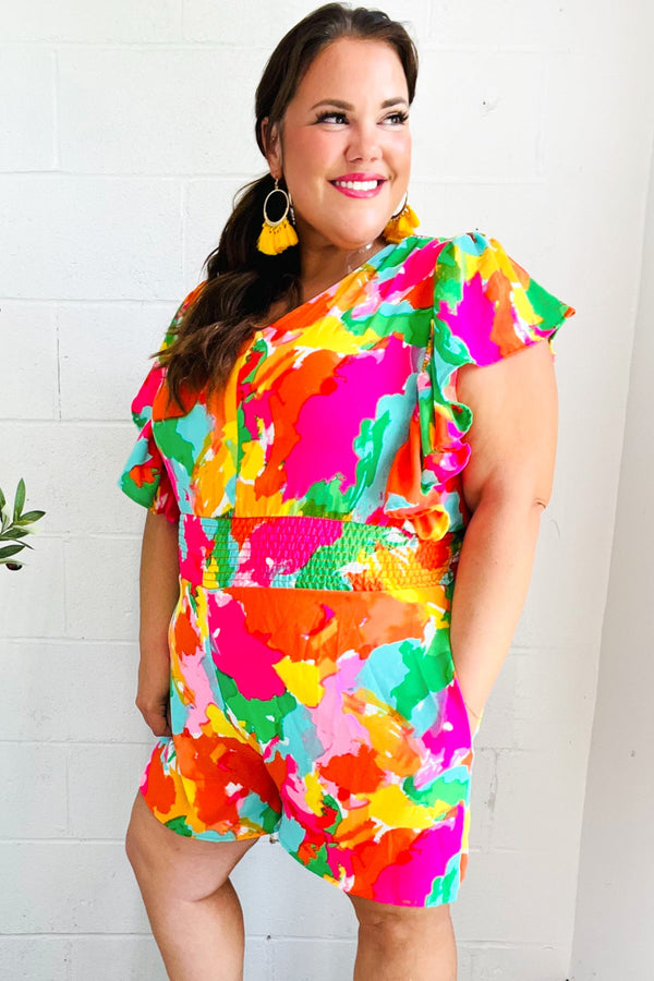 Under The Sun Abstract Floral Smocked Waist V Neck Flutter Sleeve Romper - Coeur de la Mode