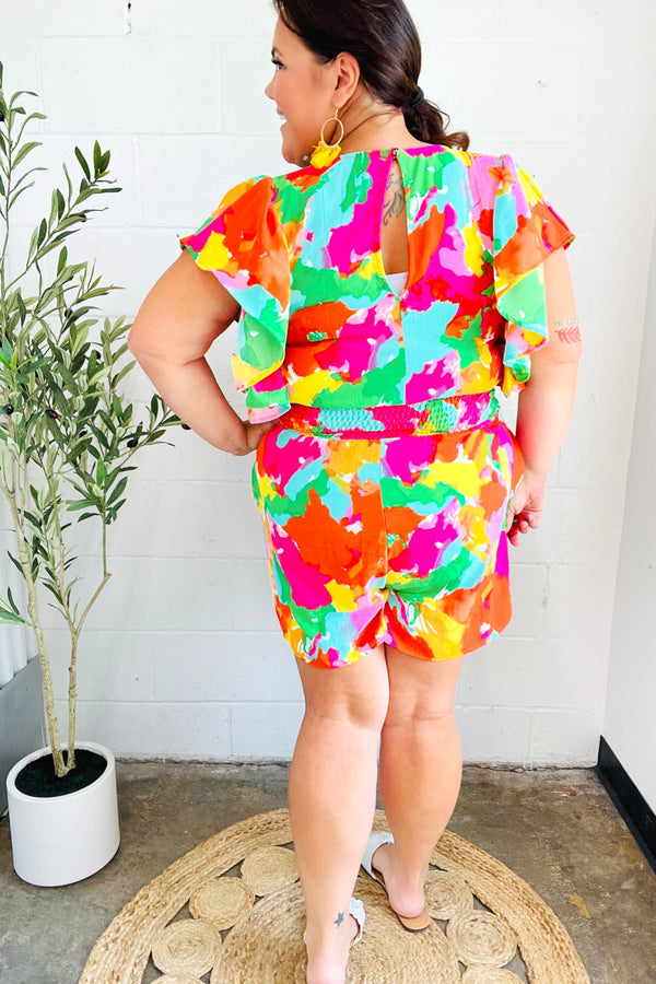 Under The Sun Abstract Floral Smocked Waist V Neck Flutter Sleeve Romper - Coeur de la Mode