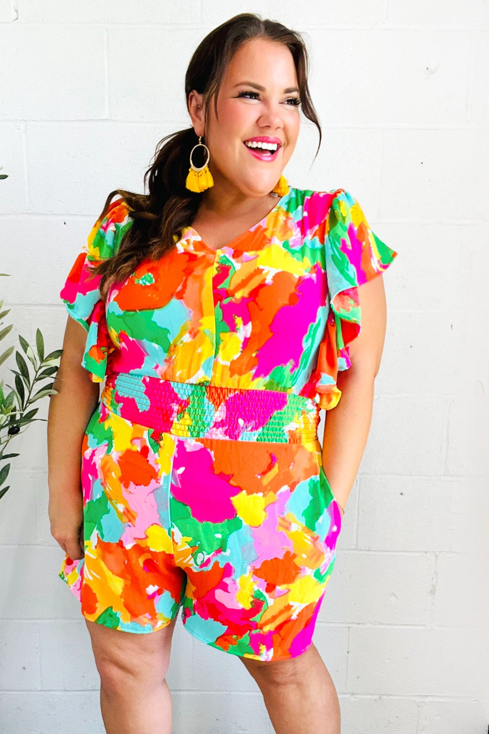 Under The Sun Abstract Floral Smocked Waist V Neck Flutter Sleeve Romper - Coeur de la Mode