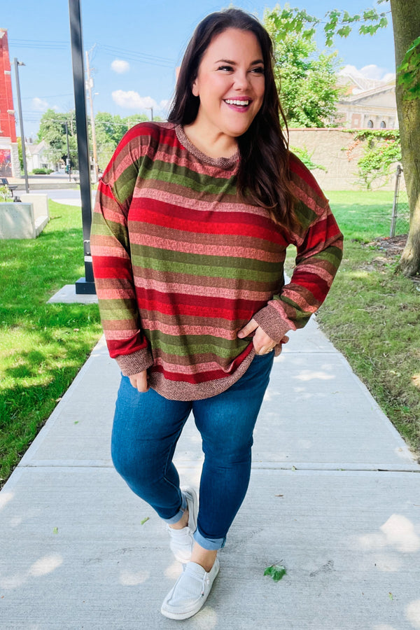 Perfectly You Olive & Mauve Stripe Two-Tone Banded Sweater Top - Coeur de la Mode