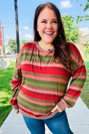Perfectly You Olive & Mauve Stripe Two-Tone Banded Sweater Top - Coeur de la Mode