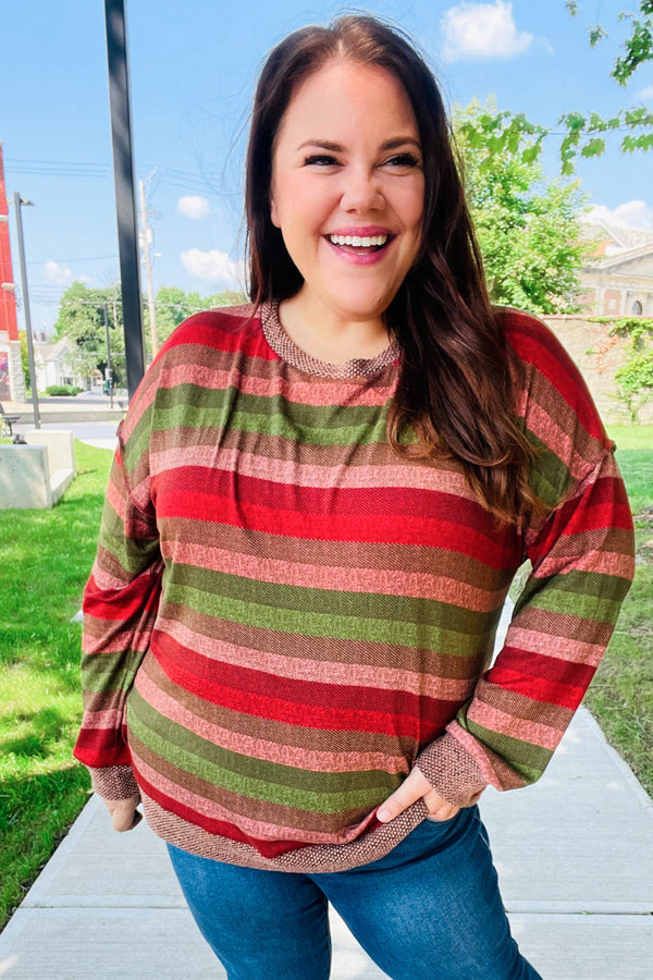 Perfectly You Olive & Mauve Stripe Two-Tone Banded Sweater Top - Coeur de la Mode